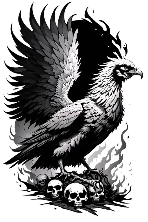 realistic angry fiery phoenix rising from the ashes with skulls tattoo design idea