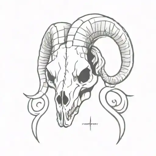 A minimalist design of a goat skull with the word 'heresy' written in Latin beneath it tattoo design idea