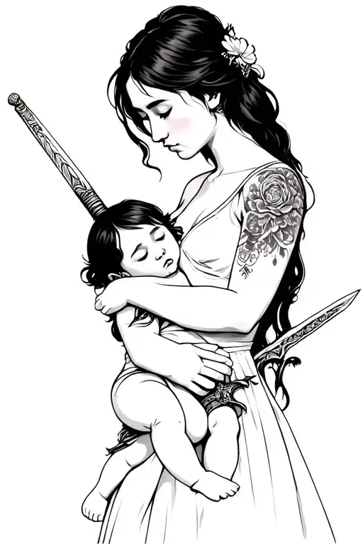 a mother holding baby in one arm who is rest head on her shoulder, she's holding a sword in another that's reaching the  tattoo design idea