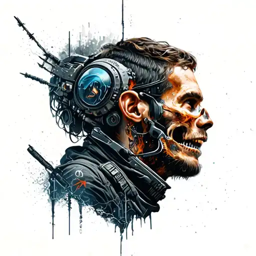 A tattoo inspired by the video game Death Stranding, featuring the protagonist with elements from the game incorporated in the design tattoo design idea