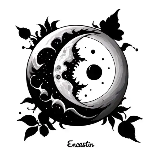 Sun & moon merging together add Encastin last name  tattoo design idea