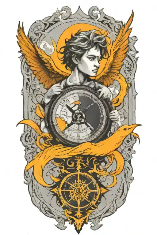 a representation of child being protected through his journey in life using trees, compass, phoenix and time tattoo design idea