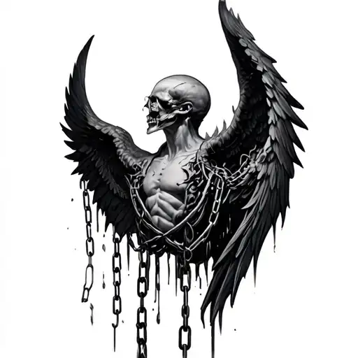 realistic and morbid chained wings ripping out of shoulders tattoo design idea