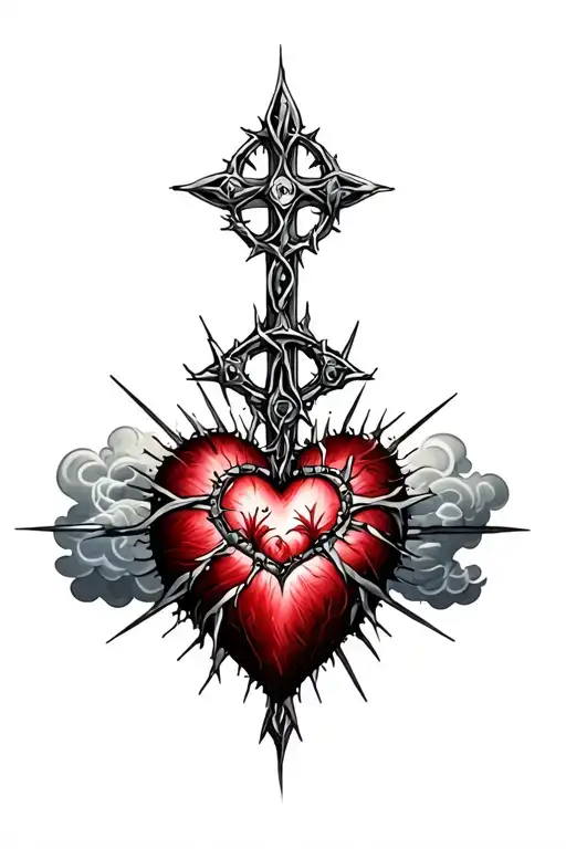 heart shape, clouds, rays, floral patterns, Norse cross, crown of thorns tattoo design idea