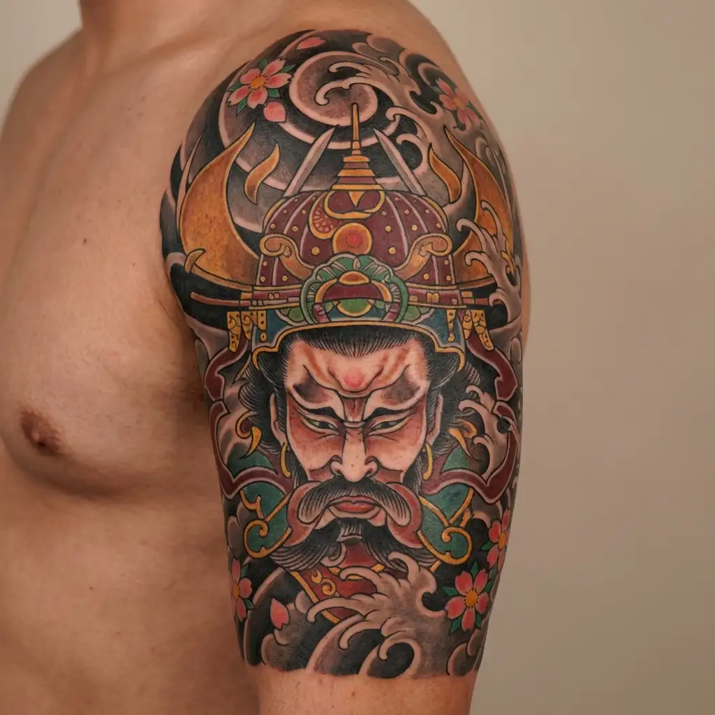 Half sleeve samurai tattoo with everything happens for a reason tattoo design idea