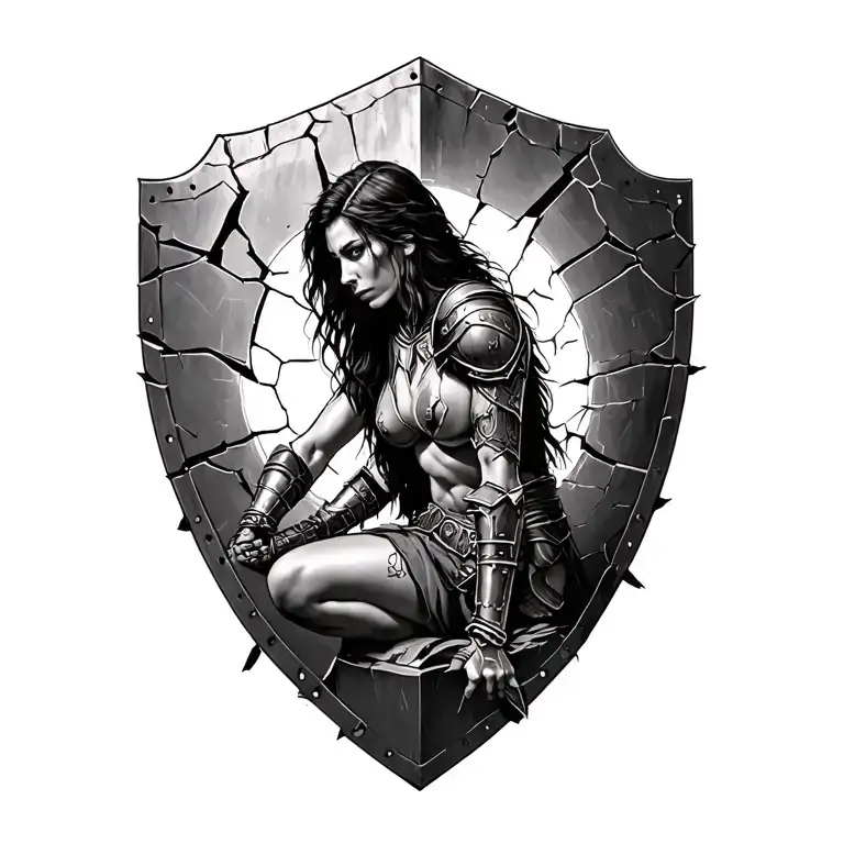 black and white spartin woman warrior sitting on a cracked battle shield tattoo design idea