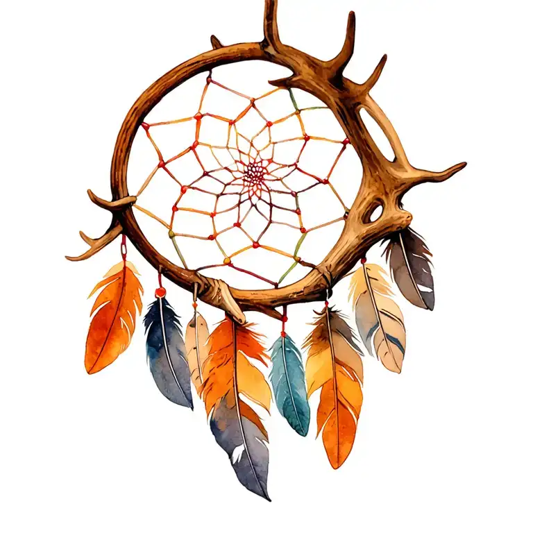 dreamcatcher made out of a deer antler with feathers hanging down from it tattoo design idea
