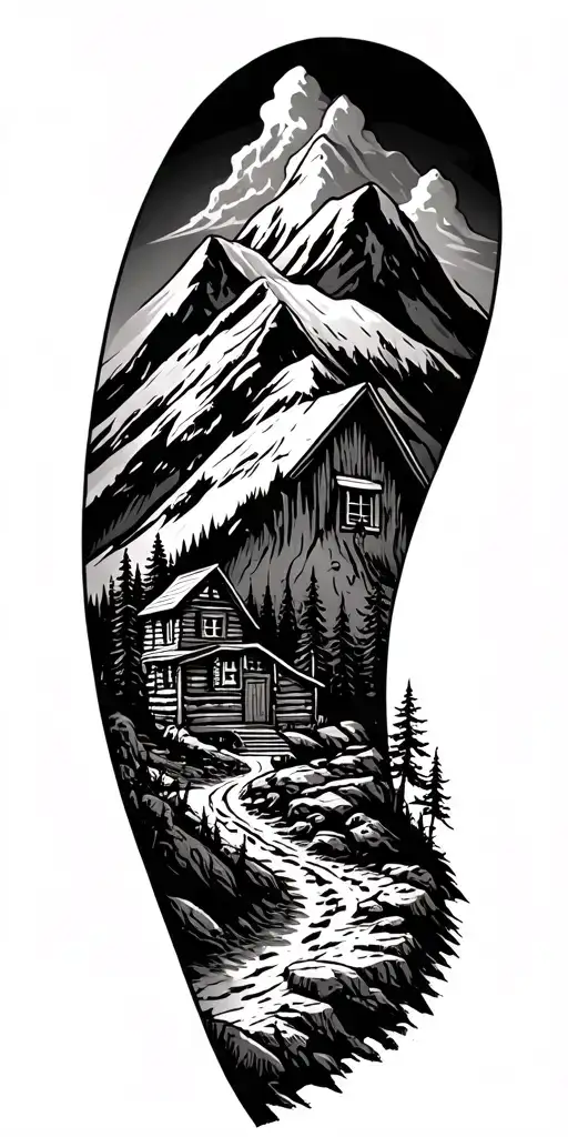 Mountain cabin and trail winding road leading its pack tattoo design idea