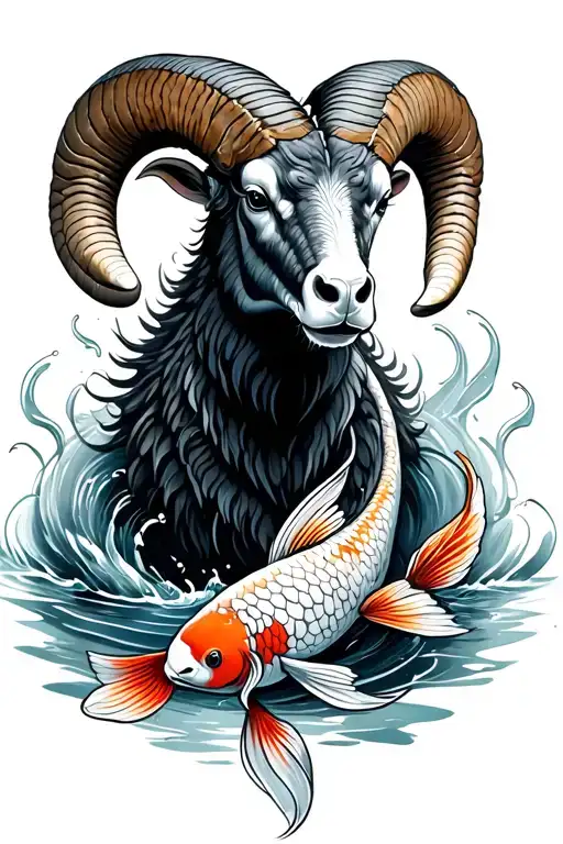 ram with 2 koi fish circling the ram water background tattoo design idea