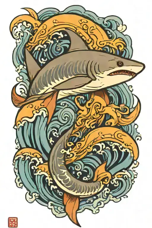 a blue shark that is facing downward with its tail up, surrounded by waves  tattoo design idea