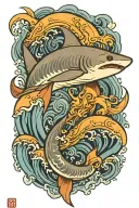 a blue shark that is facing downward with its tail up, surrounded by waves  tattoo design idea