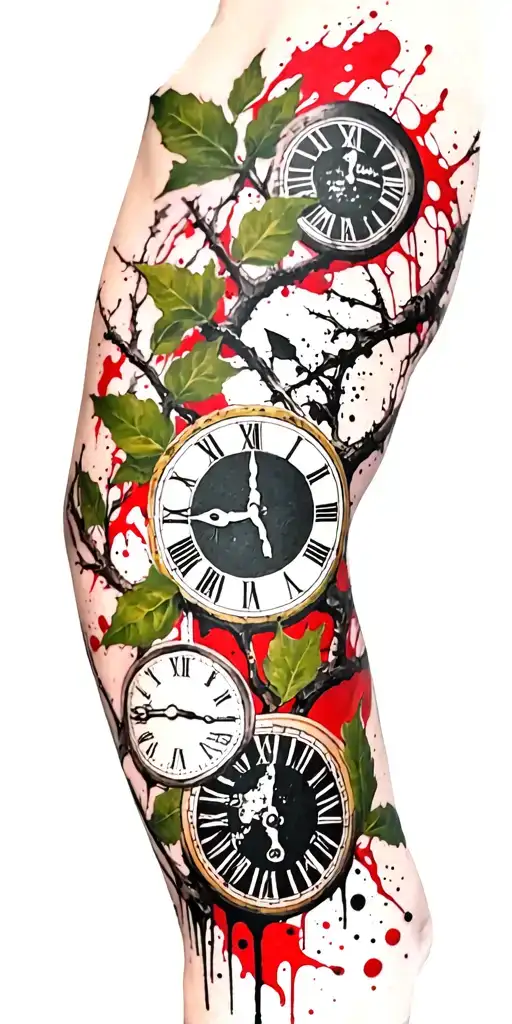 birch branches with hunter green leaves with only three clocks integrated into it for an arm sleeve tattoo design idea