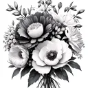 carnation, snowdrop, chrysanthemum, peony,gladiolus, poppy, rose, lily bouquet tattoo design idea