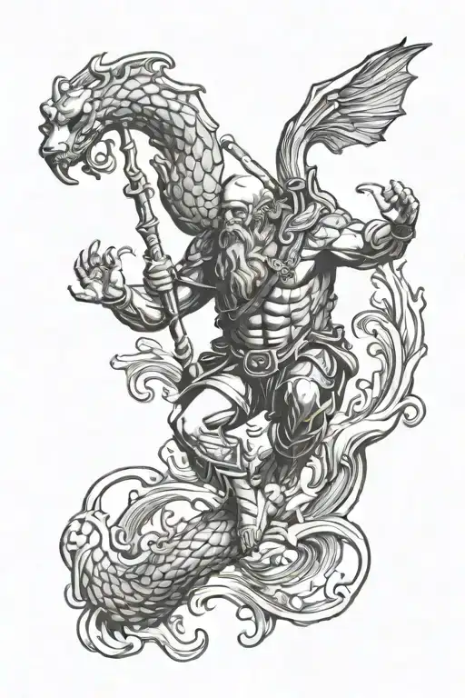 poseidon looking down at a scuba diver exploring the depths tattoo design idea