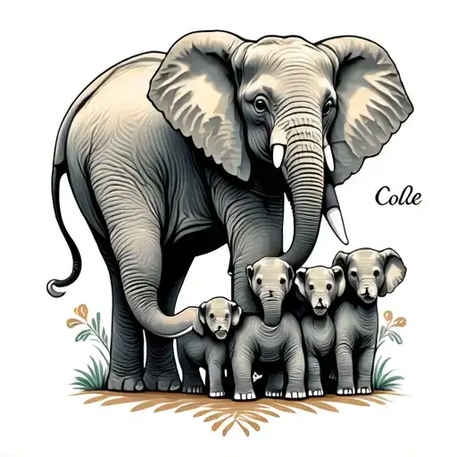 "Cole " mom elephant & 3 babies all holding hands tattoo design idea