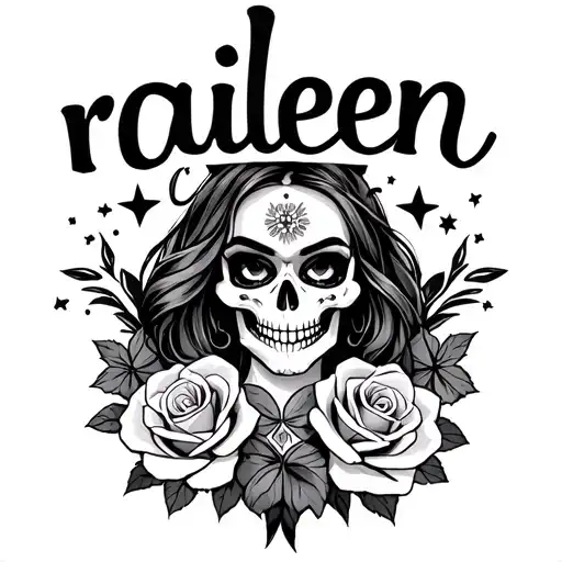 something to represent my wife I want her name "raileen" with stars and auger skulls and roses she is Mexican so add  tattoo design idea