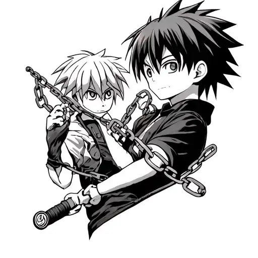 Design a tattoo inspired by Hunter x Hunter, incorporating Kurapika's chains, Gon's fishing rod, and Killua's yo-yo. The tattoo design idea