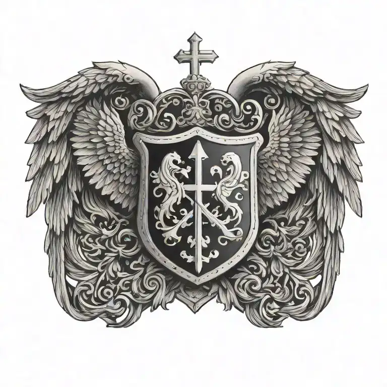 Coat of arms with cloud , pair wing of dove and cross tattoo design idea