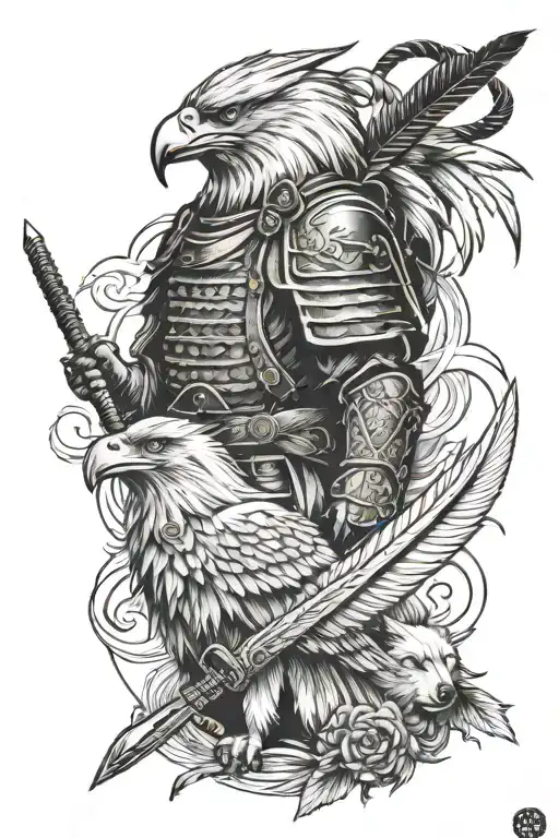 lone wolf eagle feather samurai warrior tribute to 3 dogs tattoo design idea