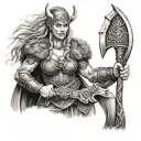 viking warrior princess holding a battle axe after a battle tattoo design idea