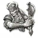 viking warrior princess holding a battle axe after a battle tattoo design idea