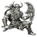 viking warrior princess holding a battle axe after a battle tattoo design idea