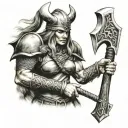 viking warrior princess holding a battle axe after a battle tattoo design idea