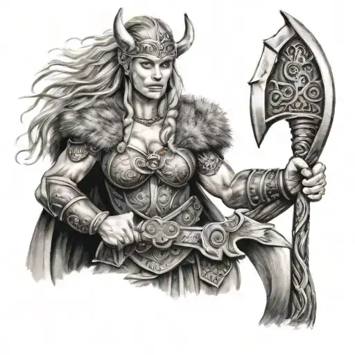 viking warrior princess holding a battle axe after a battle tattoo design idea