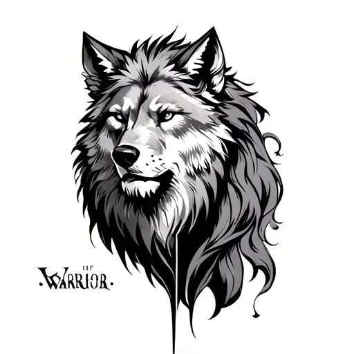 Half wolf half lion warrior word written tattoo design idea