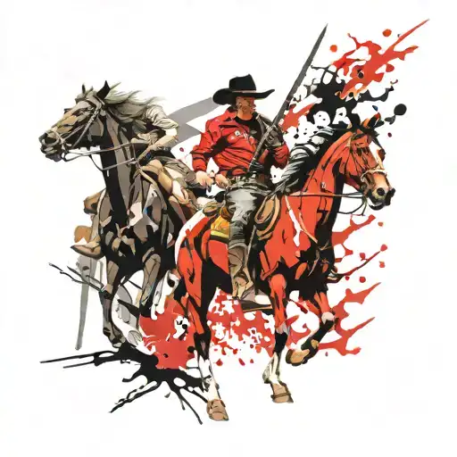 Cowboy facing insurmountable odds, guns blazing and family looks on tattoo design idea