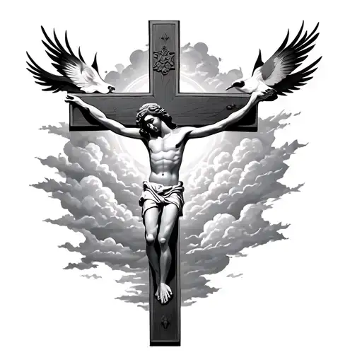 crucifix with clouds and heaven birds  tattoo design idea