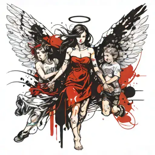 Woman angel with wings holding hands of 2 kids tattoo design idea