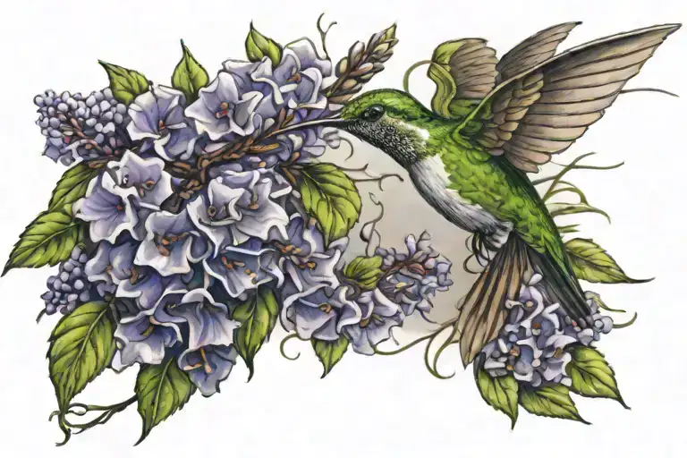 hummingbird with a butterfly bush as vines hanging tattoo design idea