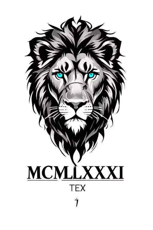 "MCMLXXXI" lion with blue eyes and roam numerals surrounded tattoo design idea