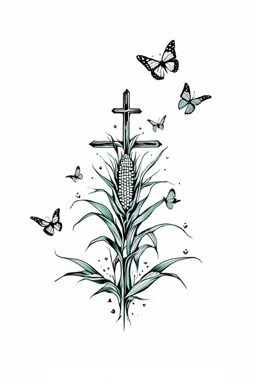  memorial tattoo with a cross and corn growing up it and butterflies landing on it  tattoo design idea