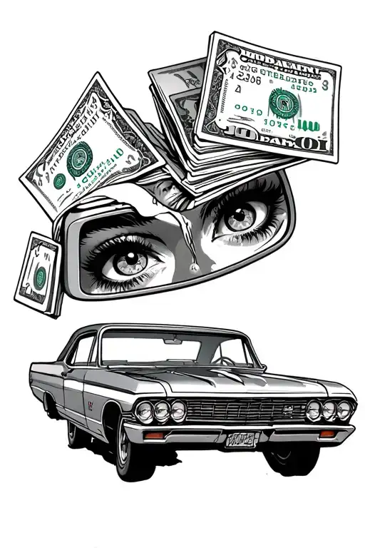 64 impala, stack of cash coming out truck. Girl eyes Chicano style in rear view mirror. Fuzzy dice hanging. Background L tattoo design idea