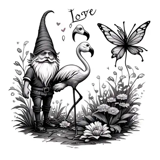 a gnome and a flamingo standing in a garden, and a fairy flying above sprinkling fairy dust and love down on both of the tattoo design idea