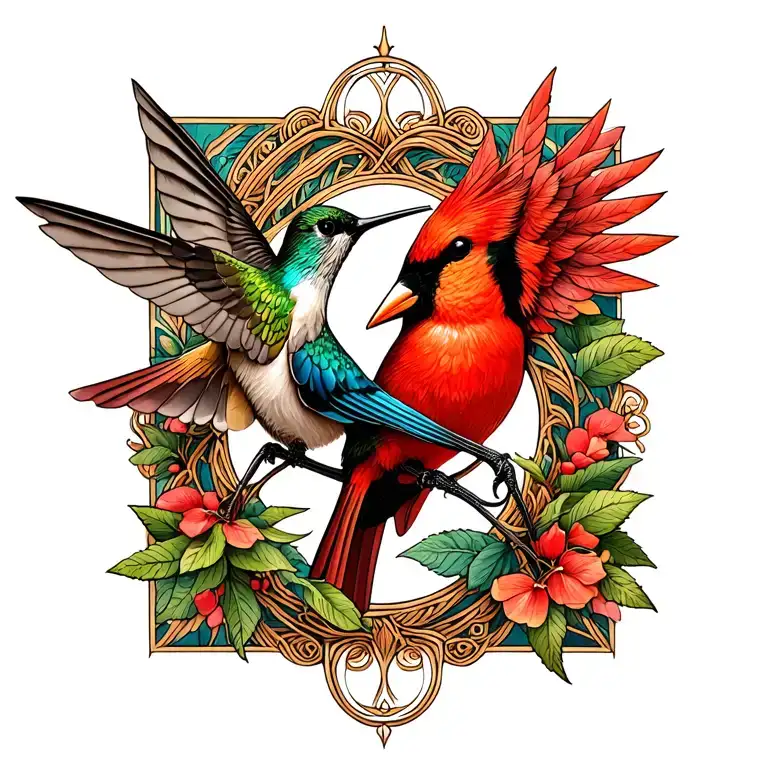 infinity symbol intertwined hummingbird and cardinal tattoo design idea