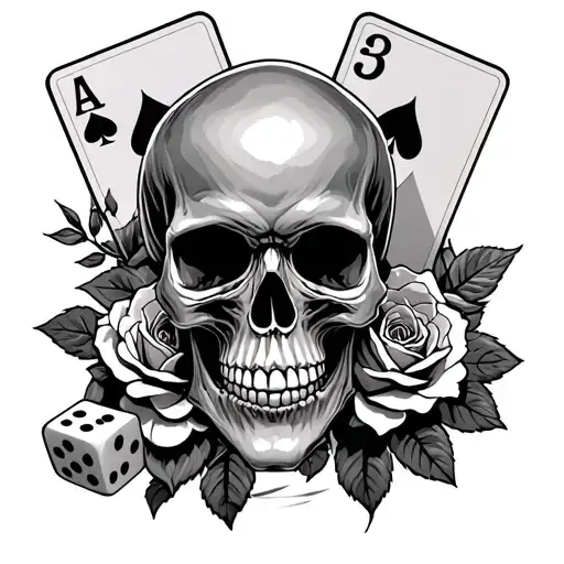 skull and roses and dice and 5 poker cards with 7 2 6 2 5 in that exact order tattoo design idea