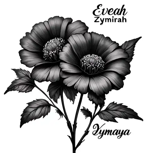 simple flowers with the names Eveah Zymirah Yemaya as the stems tattoo design idea