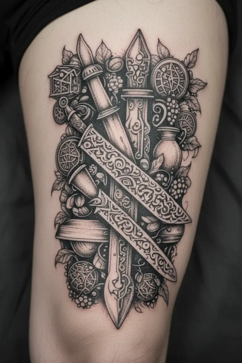 An intricate dotwork tattoo of a cook's knife morphing into a magical wand, with DnD dice and potion bottles scattered around tattoo design idea