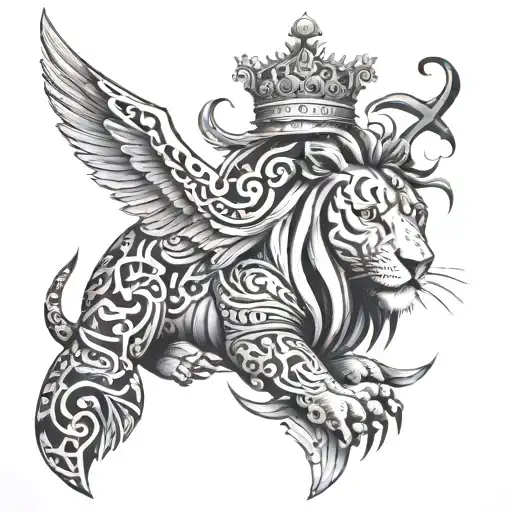 a tribal tattoo that has a lion, a turtle and a crown, and as details, a pidgeon and a knife  tattoo design idea