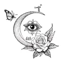 moon, rose, snake with head, the number 444, an eye, butterfly wings, religious cross, sea tattoo design idea