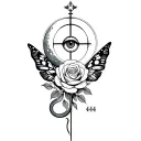 moon, rose, snake with head, the number 444, an eye, butterfly wings, religious cross, sea tattoo design idea