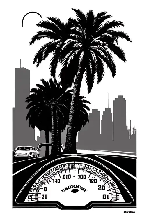 Dodge Chelenger, palm trees, city, speedometer tattoo design idea