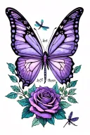 inner wrist coverup. purple butterfly, small dragonfly, roses and words: let them tattoo design idea