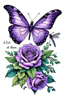 inner wrist coverup. purple butterfly, small dragonfly, roses and words: let them tattoo design idea
