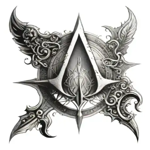 An intricate tattoo inspired by the Assassin's Creed logo, featuring hidden blades and ancient symbols tattoo design idea