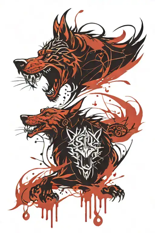 fenrir with gemini zodiac and runes tattoo design idea