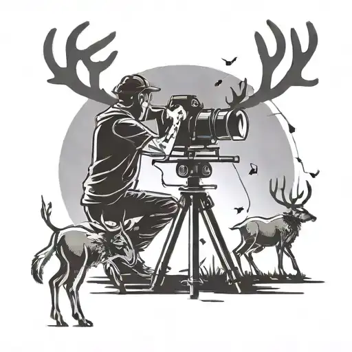 A silhouette of a producer directing a film scene with reindeer antlers and glowing lights in the background, blending passion for filming and love for family tattoo design idea